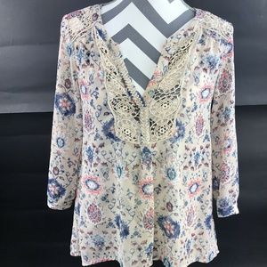 Anthropologie Maeve V Neck Lace Front Floral Blous